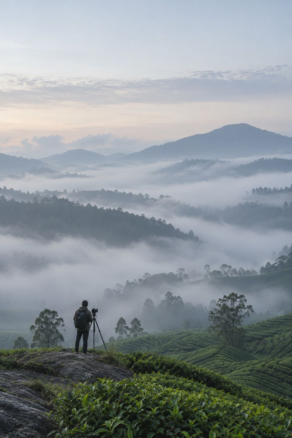 A small distant figure beside a camera on a tripod at the edge of a foggy ridge