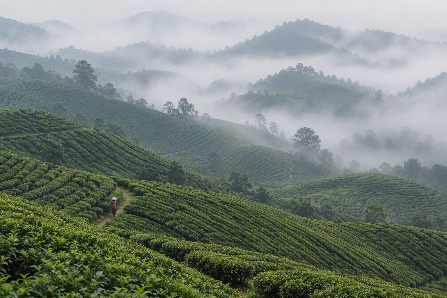 Rounded hills of curving tea rows fading into fog, one tiny picker on a path