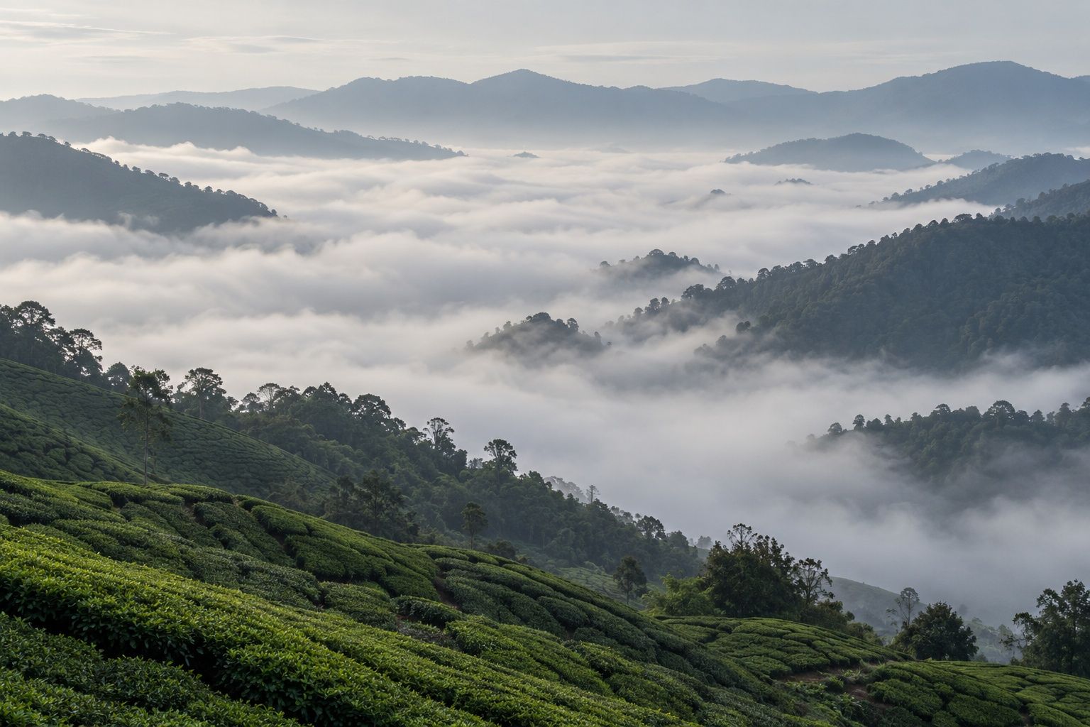 A valley filled with white cloud, dark forested ridges rising out of it behind tea slopes