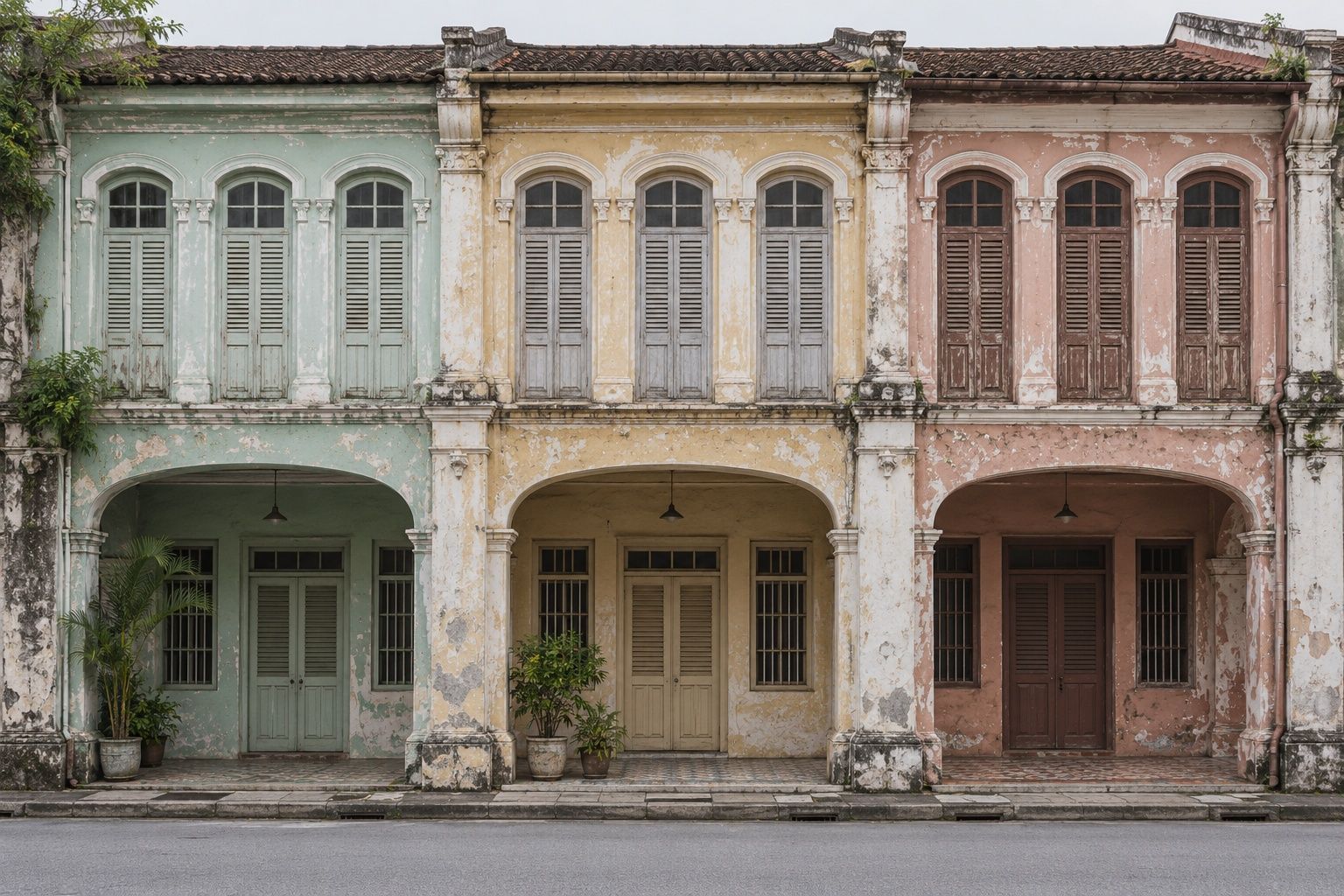 Three old shophouse facades in faded mint, ochre and rose, shuttered windows above an arched arcade