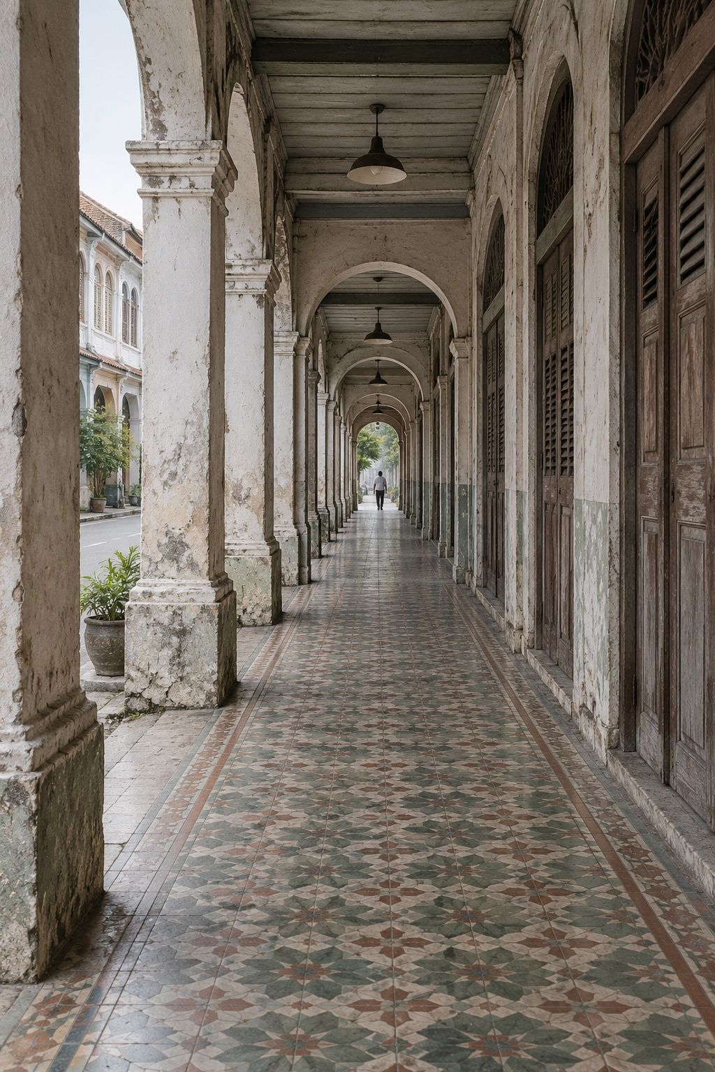 A long shophouse walkway with repeating arches and patterned floor tiles receding into the distance