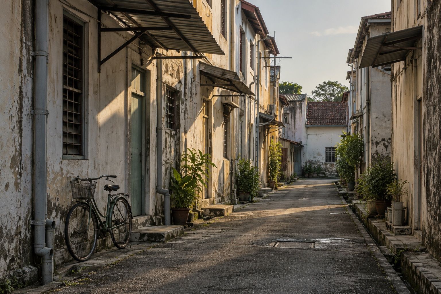 A quiet back lane behind old shophouses, zinc awnings and a bicycle in long afternoon shadow
