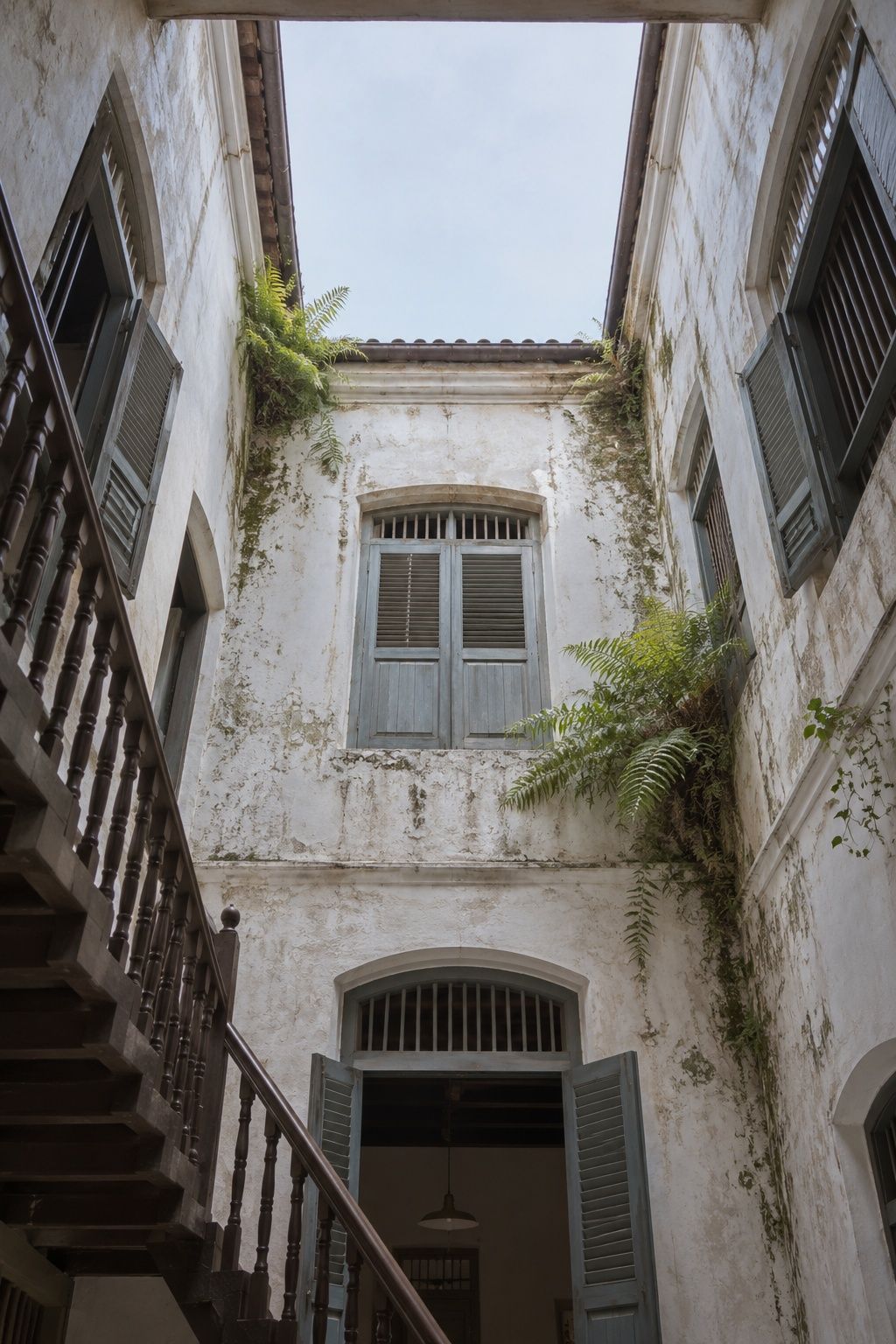 Whitewashed walls of a shophouse light well rising to a square of pale sky, ferns on the wall