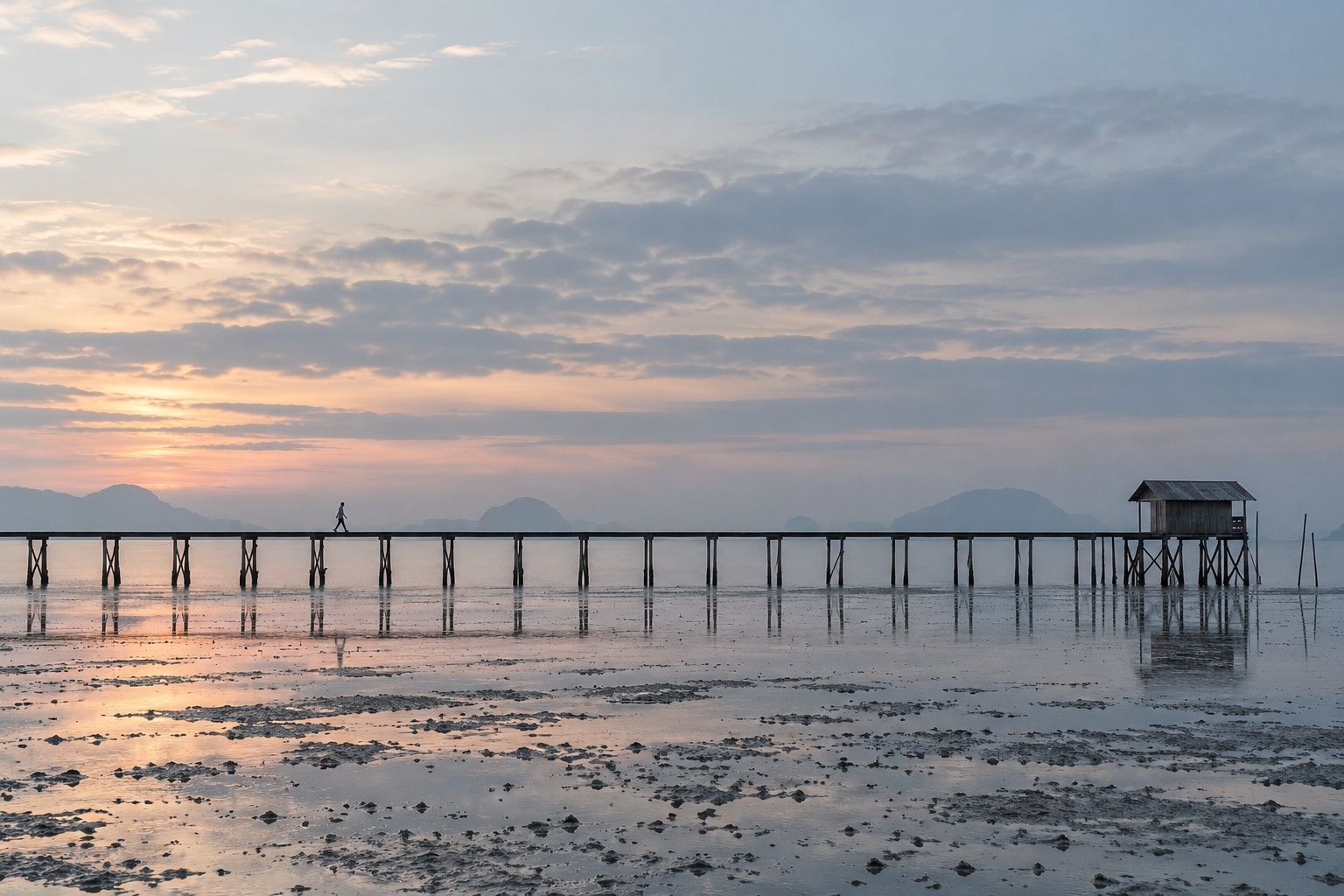 A long wooden jetty on stilts crossing silver mudflats at dawn, one tiny figure walking along it