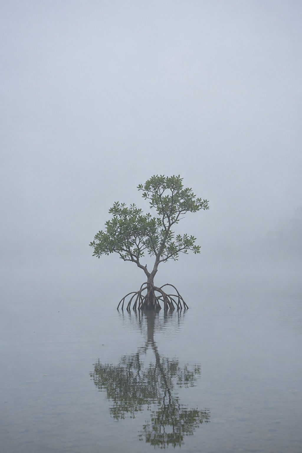 A single small mangrove tree standing in still water, surrounded by pale mist