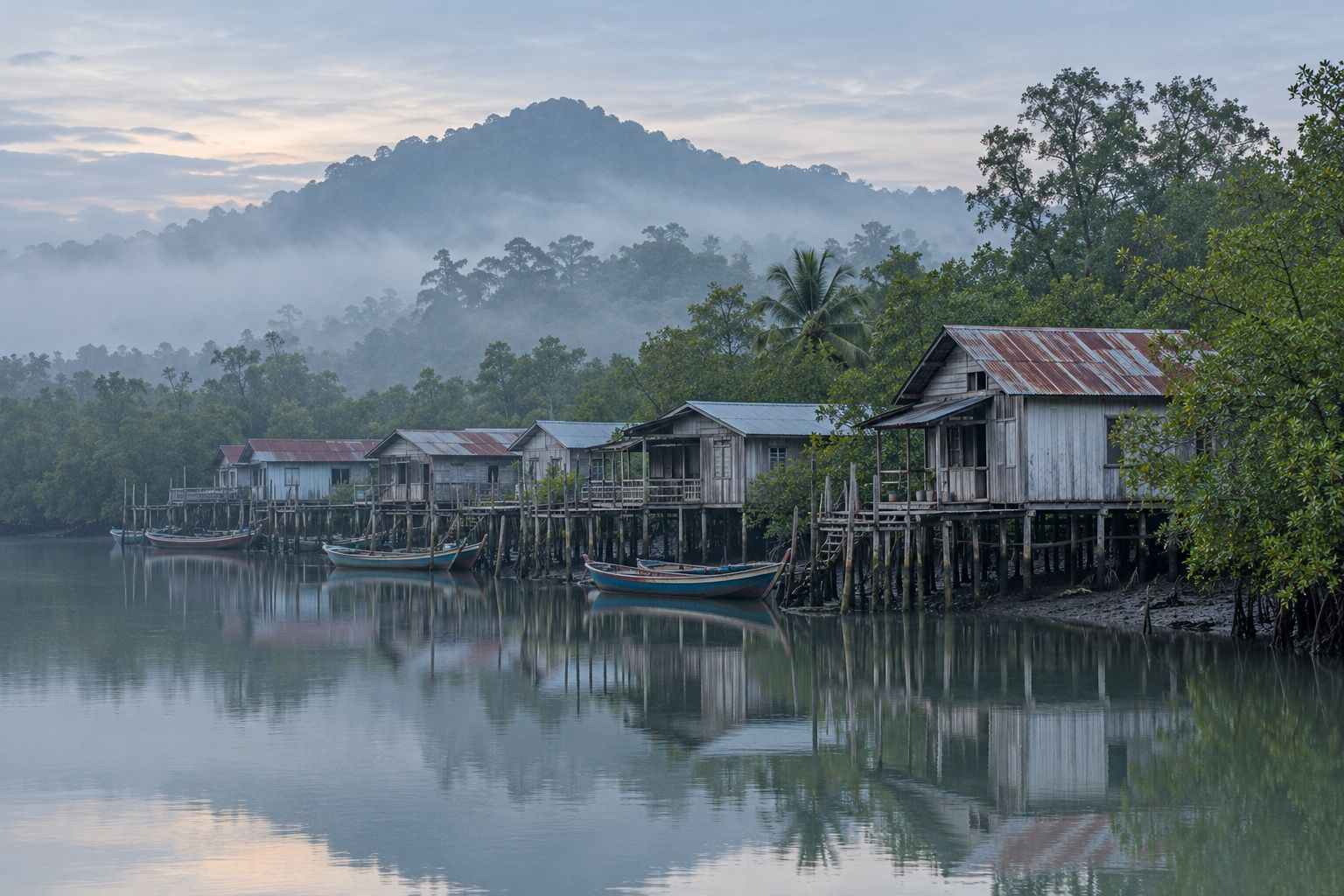Weathered wooden stilt houses and moored boats reflected in a mangrove river at dawn